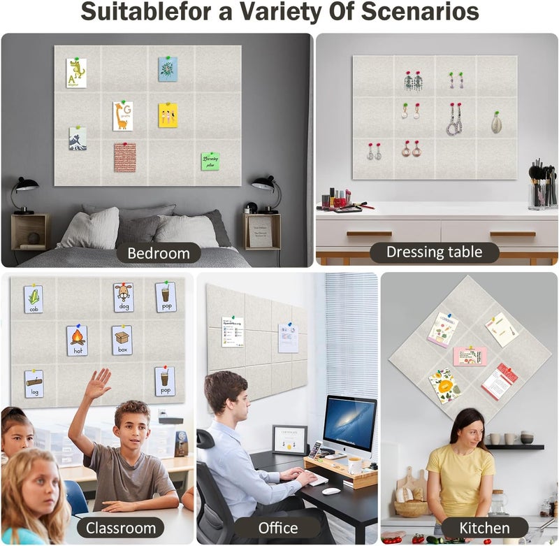ZHIDIAN Felt Wall Tiles Bulletin Board with Removable Adhesive, 47"x35" Beige Cork Board Alternative with 40 Push Pins, 12 Pack Large Office Cork Tile Push Board Felt Squares for Walls - Image 4